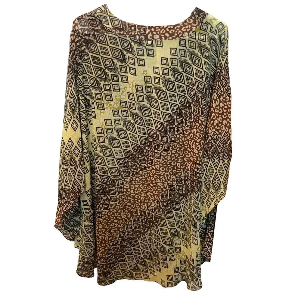 Catherines Tunic Blouse light weight, black yellow and brown print v-neck 1X